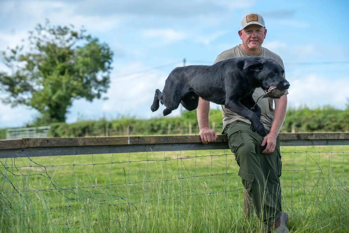 Handler with black lab over fence