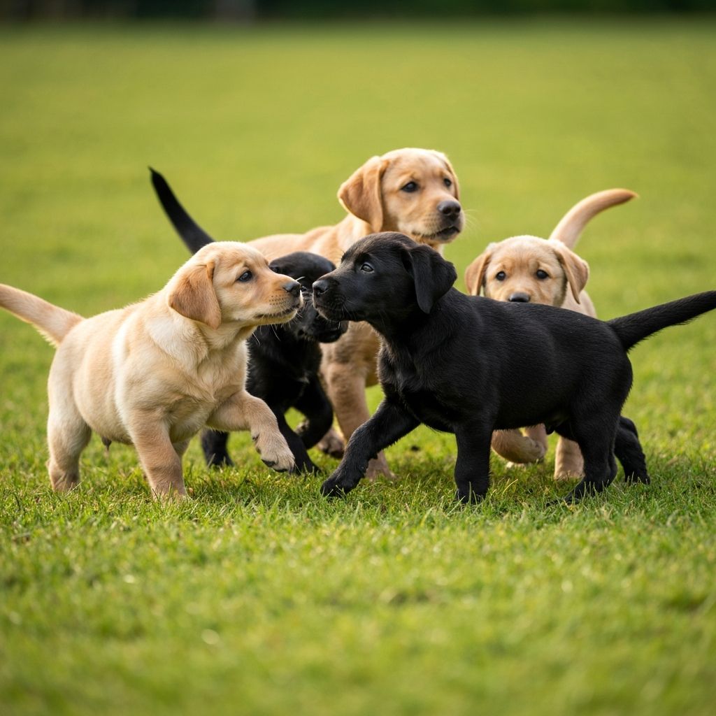 Black and yellow Labrador puppies playing together in grass