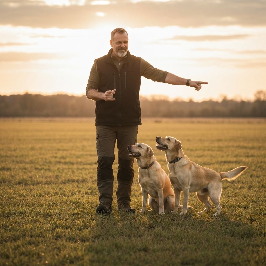 A trainer working with two Labrador retrievers in an open field