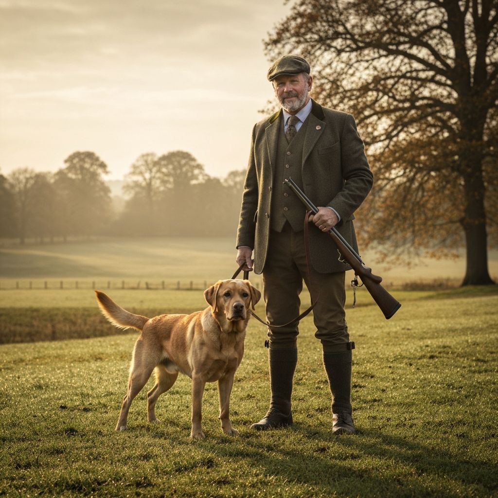 A hunter standing in a field with a trained Labrador retriever