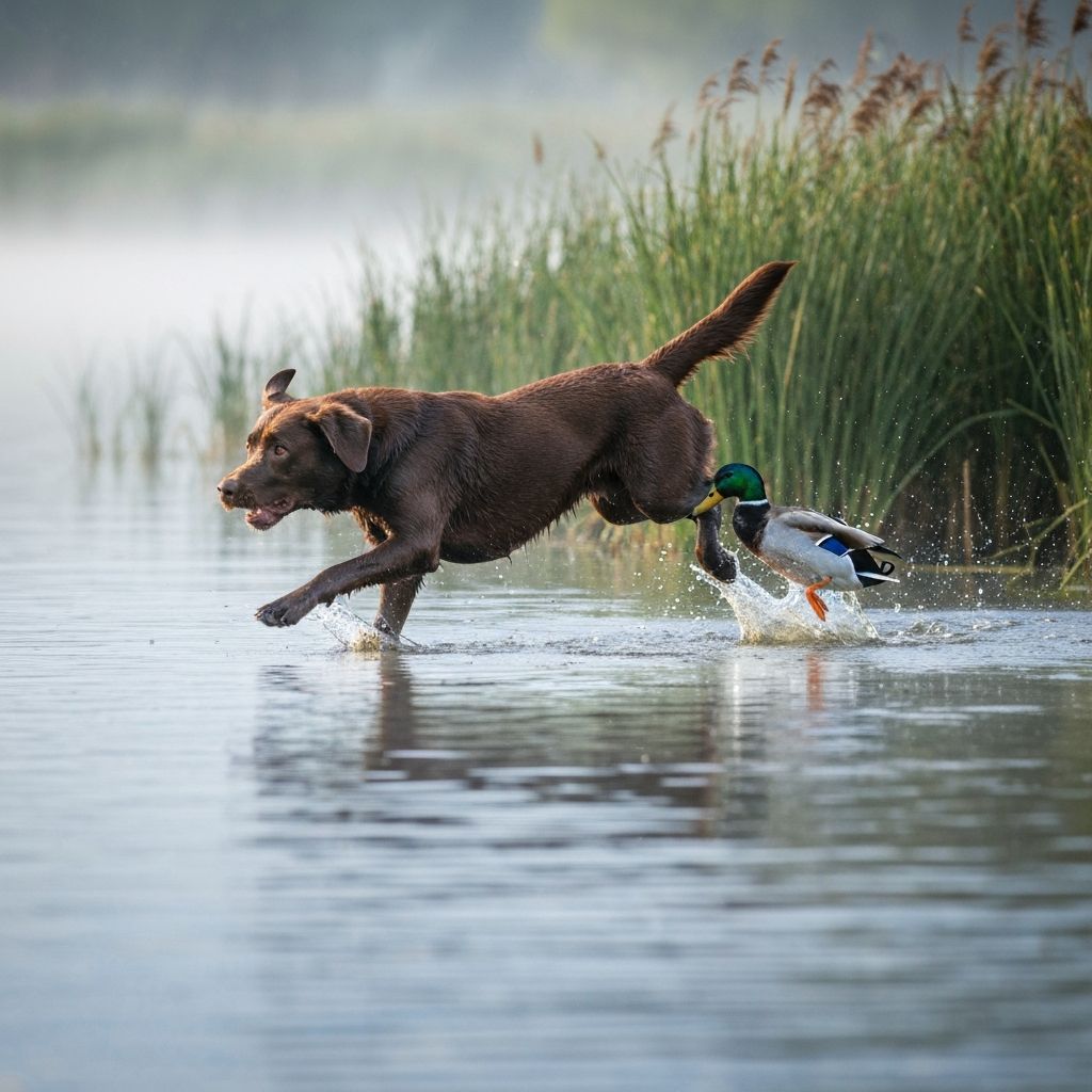 A Labrador retriever carrying a duck through shallow water