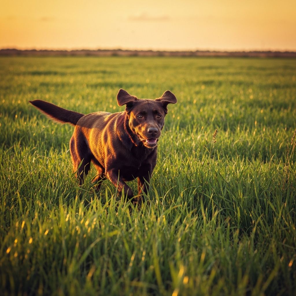 Labrador Retriever standing in a Mississippi field at golden hour